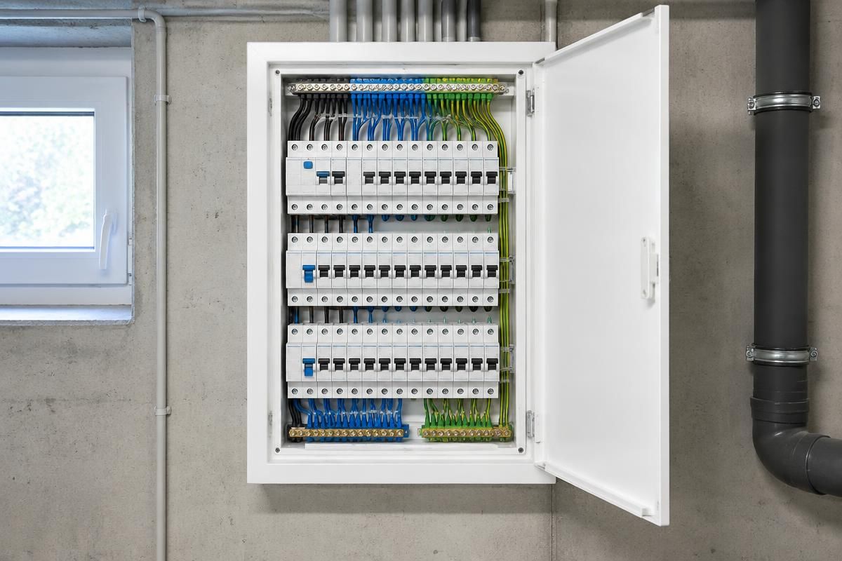 Neuer weißer Verteilerkasten mit Automaten, FI-Schutzschaltern und sauber verlegten Adern