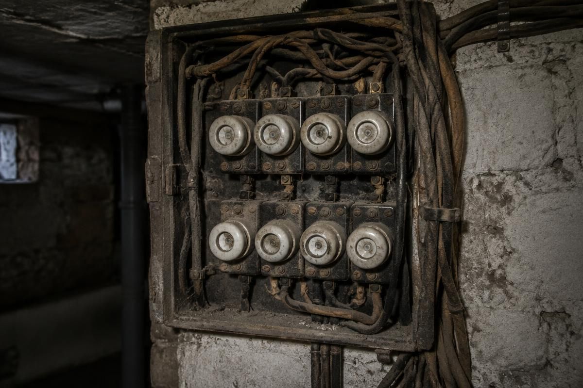 Alter Sicherungskasten mit Keramik-Schraubsicherungen und verstaubten Leitungen im Keller