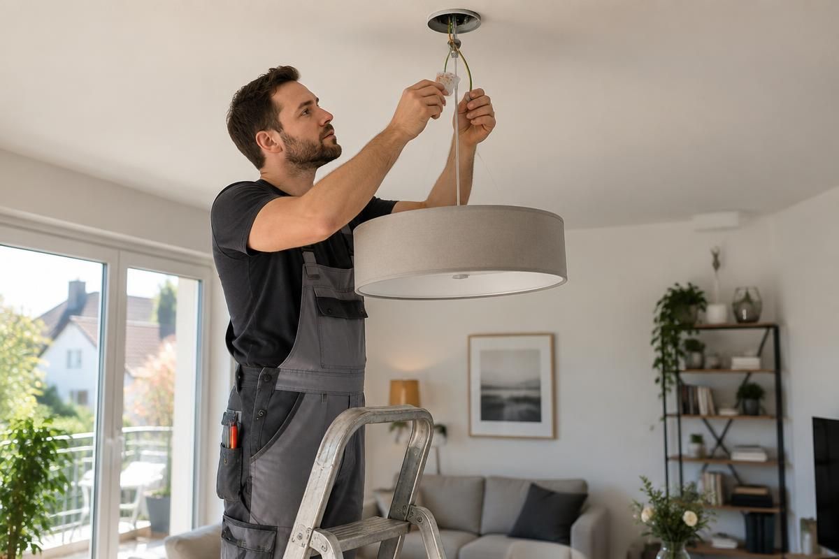 Elektriker montiert eine Deckenleuchte im Wohnzimmer