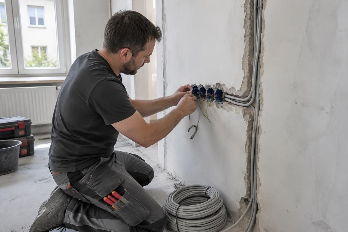 Elektriker verlegt neue Leitungen und setzt Schalterdosen in eine Wand