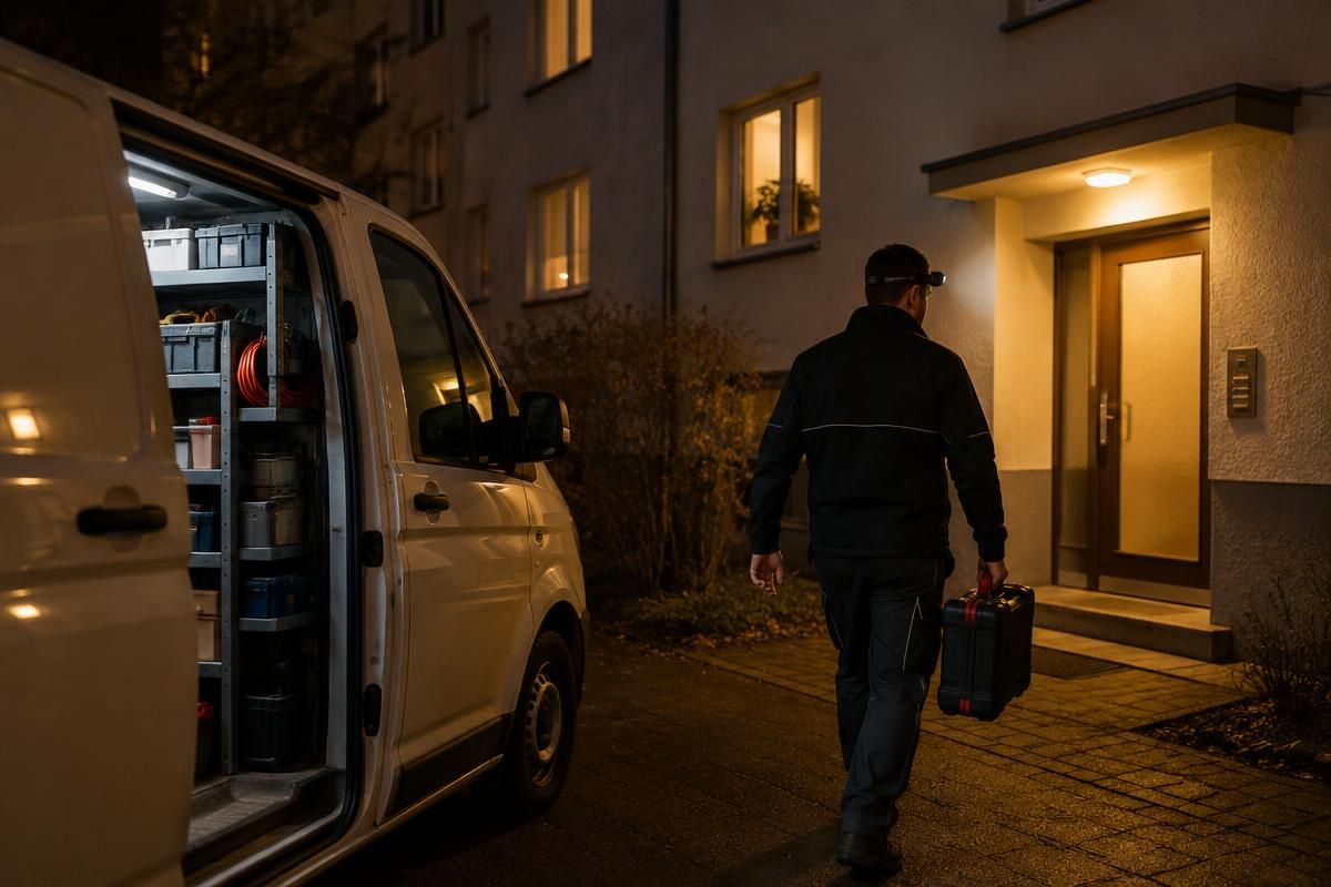 Servicefahrzeug und Elektriker mit Werkzeugkoffer nachts vor einem Mehrfamilienhaus