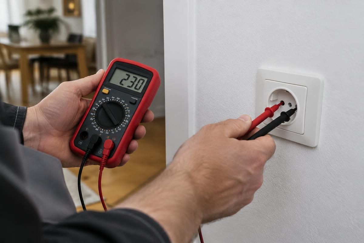 Elektriker misst mit dem Multimeter die Spannung an einer Steckdose